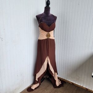 NWT Riva Designs Beaded Gown Dress Hi Low Beaded Halter Womens Coffee Brown 12